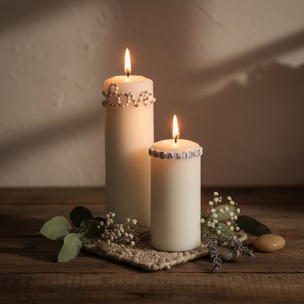 Two white scripture candles with decorative beads spelling Love and Healing on a wooden surface