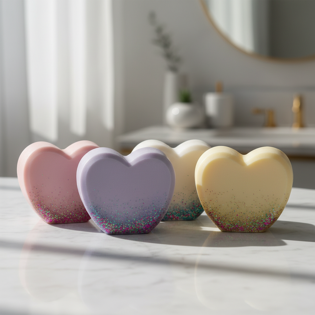 Four medium heart shaped soaps in pastel colors with mica powder on the bottom