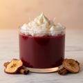 Short glass candle with red apple pie scented wax, whipped wax topping and gold glitter