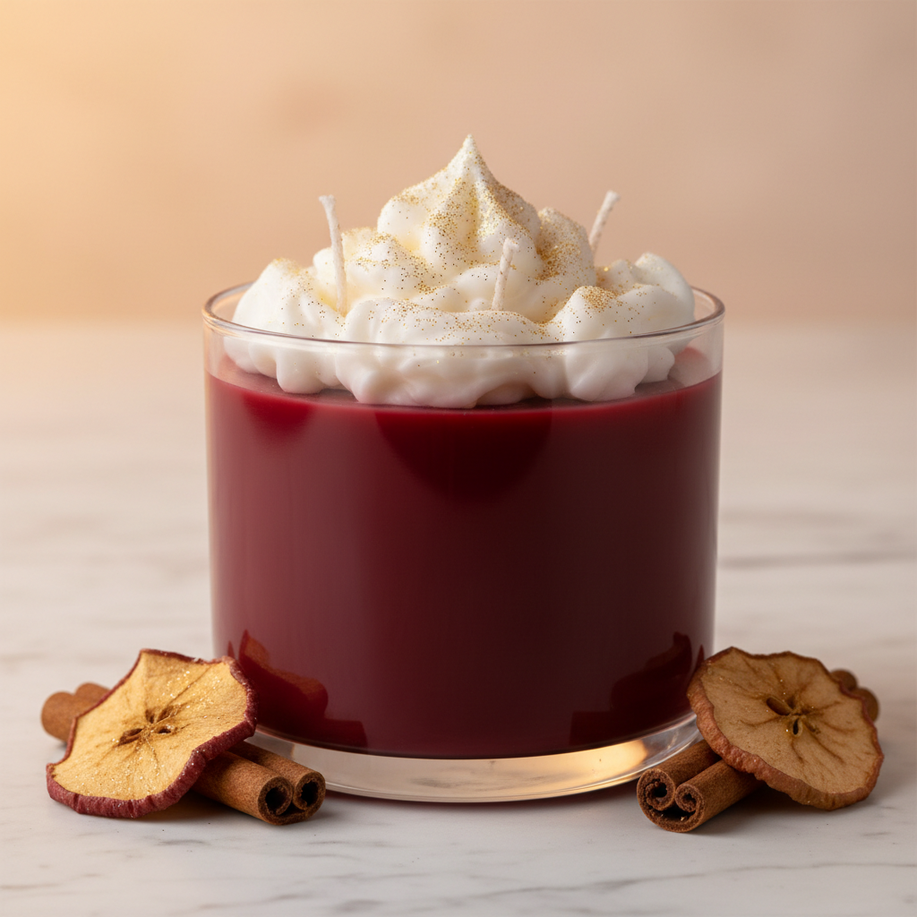 Short glass candle with red apple pie scented wax, whipped wax topping and gold glitter