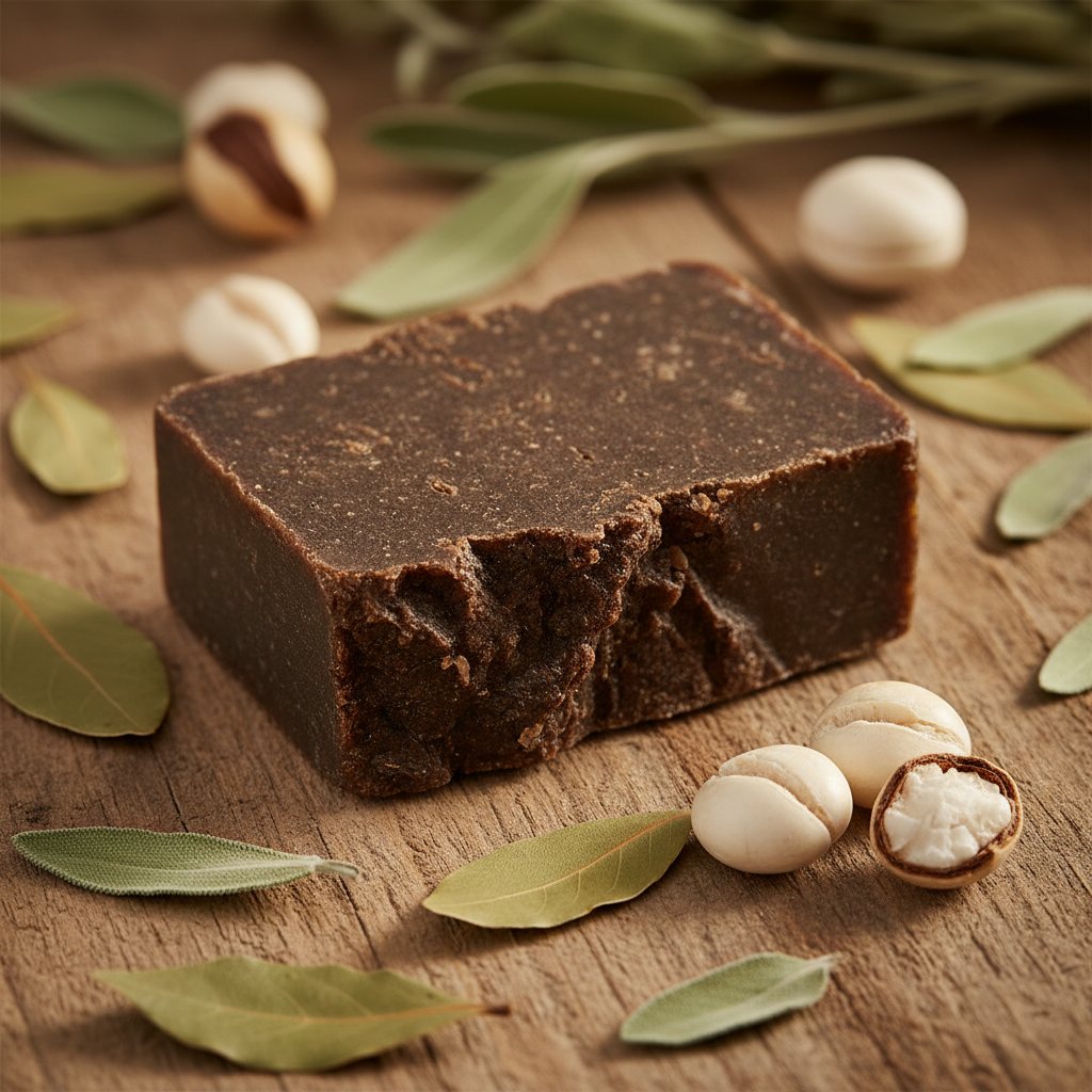 Rectangular bar of raw African black soap on a wooden surface with dried herbs and shea nuts
