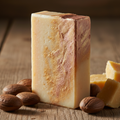 Rectangular shea butter bar soap with gold and rose pink mica powder on the side
