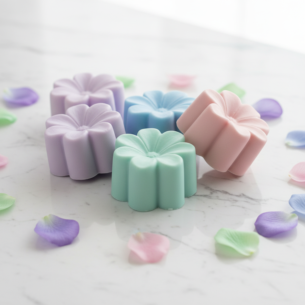 Four medium flower shaped soaps in purple, blue, green, and pink with flower petals on white marble