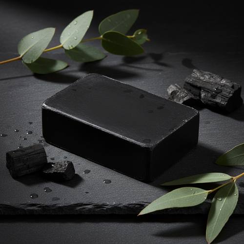 Sleek rectangular activated charcoal soap bar on dark slate with charcoal pieces and eucalyptus leaves