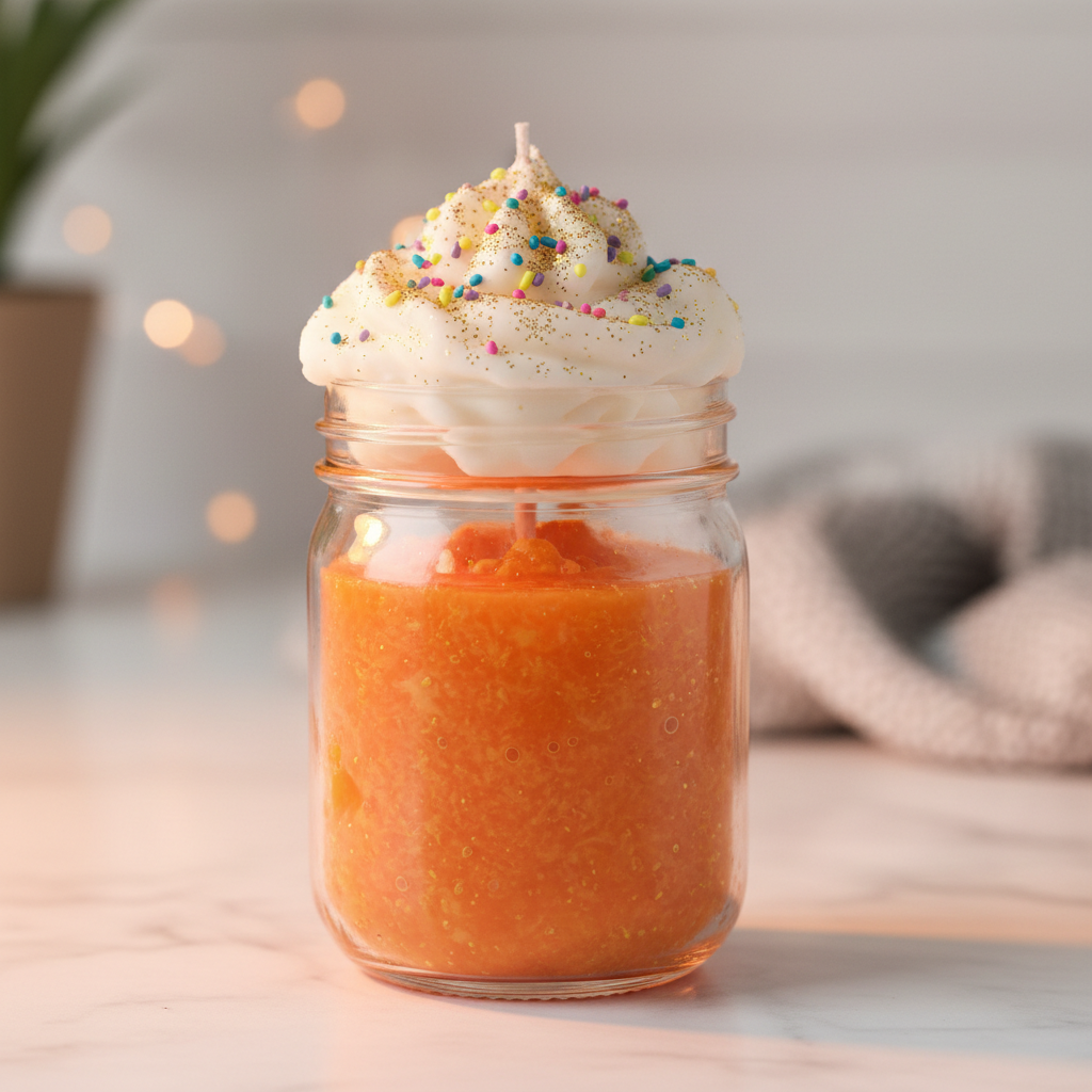 Mason jar candle with orange wax, whipped cream wax topping, glitter and sprinkles