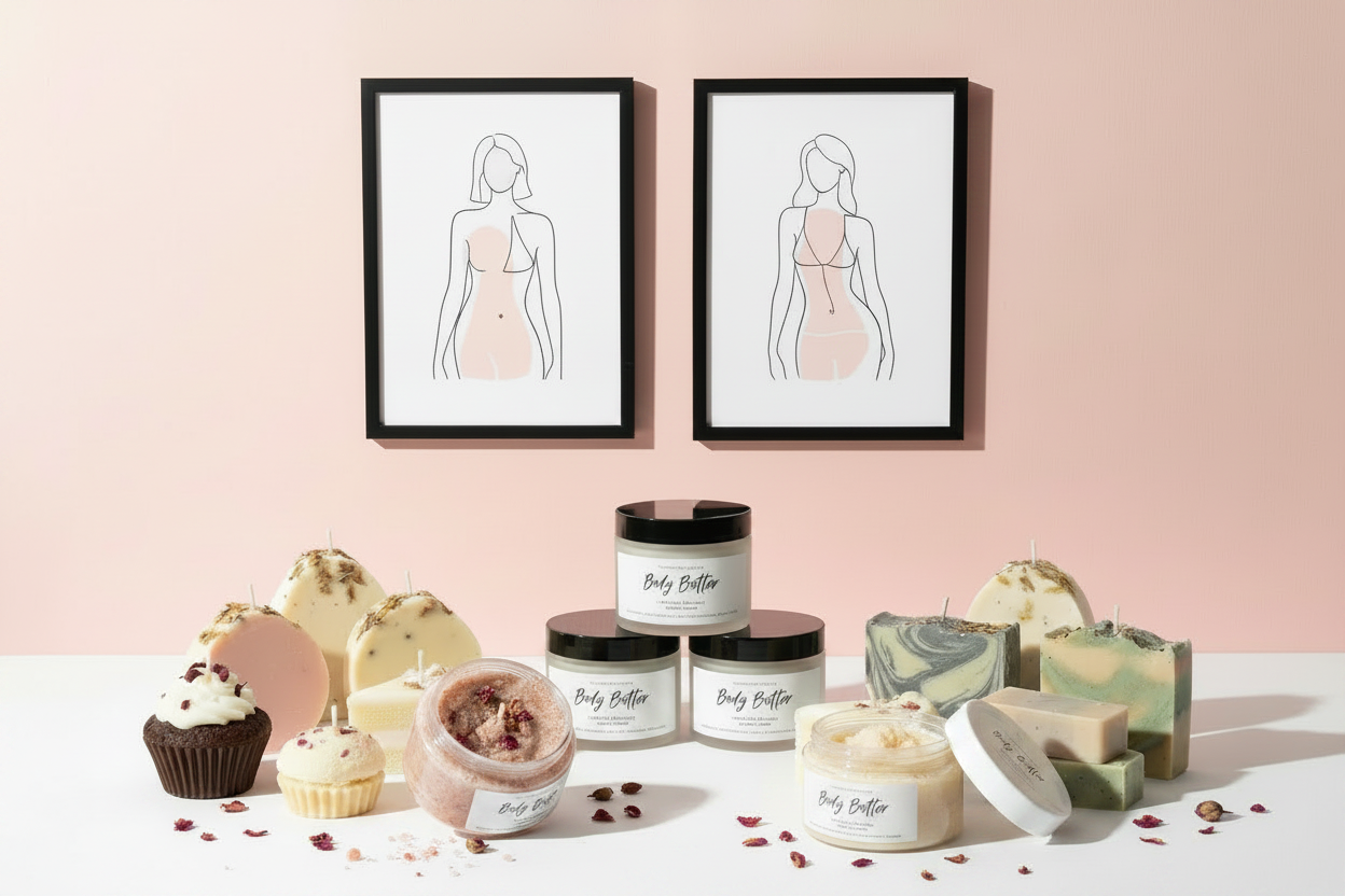 Rose Pink Skincare Flat Lay with Body Scrub Added